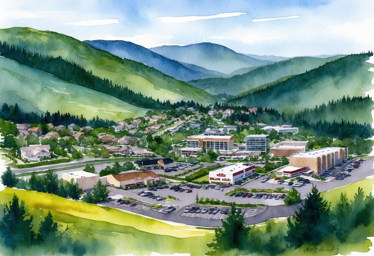 A scenic landscape in the Black Hills, with a mix of residential and commercial properties surrounded by rolling hills and lush greenery