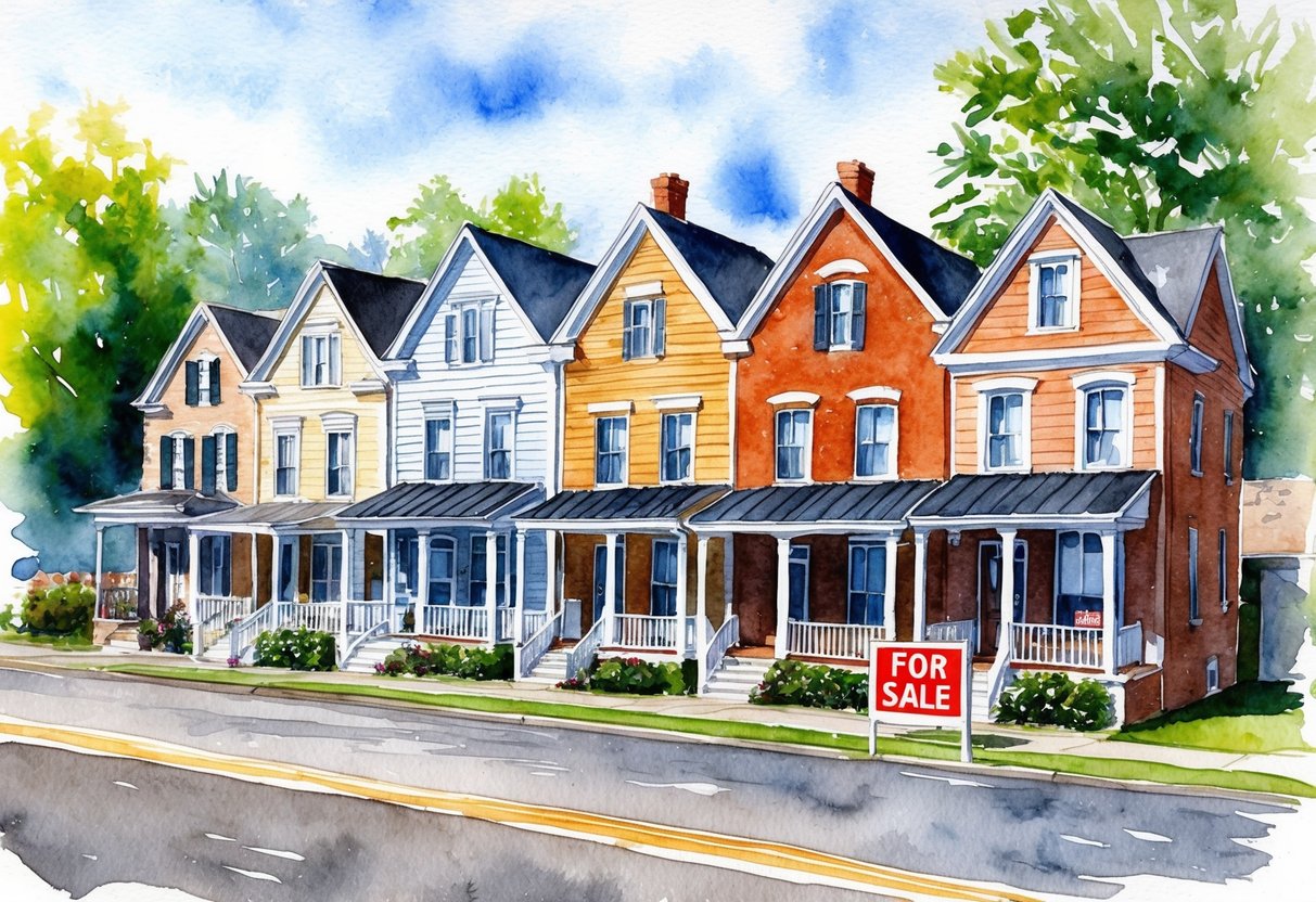 A row of charming houses in Knoxville, TN, with "For Sale" signs and a bustling real estate office nearby