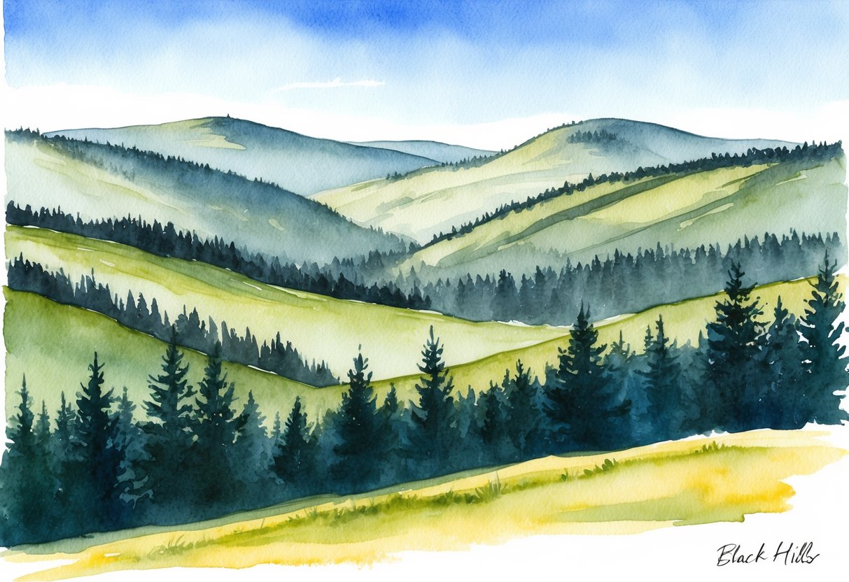 A panoramic view of the Black Hills, with rolling hills, pine forests, and a clear blue sky, showcasing the natural beauty and potential for real estate investment