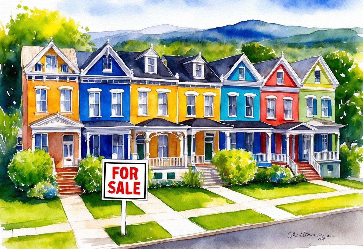 A row of colorful historic homes in Chattanooga, TN, with a "For Sale" sign in the front yard, surrounded by lush greenery and a view of the mountains in the distance