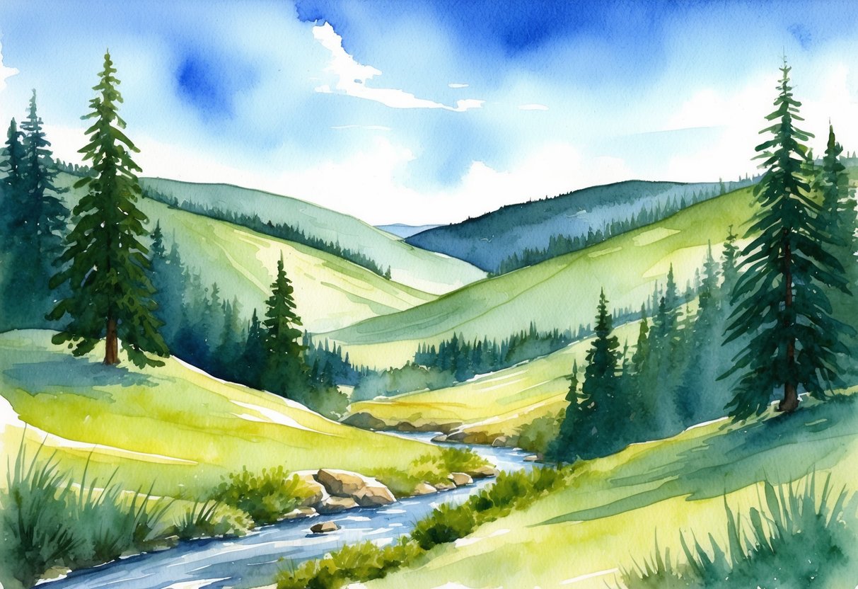 A serene landscape of rolling hills and pine forests, with a clear blue sky overhead and a peaceful stream winding through the valley