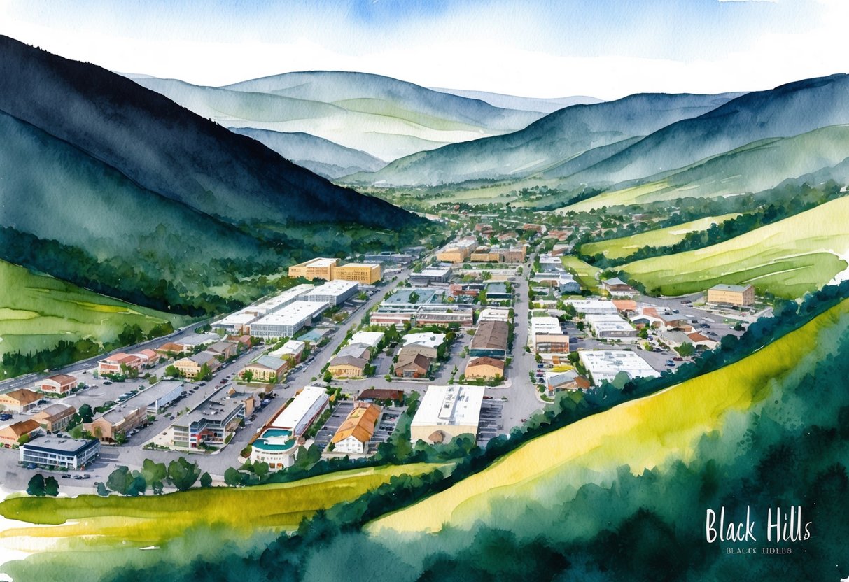 A panoramic view of the Black Hills, with a mix of residential and commercial properties, surrounded by rolling hills and lush greenery