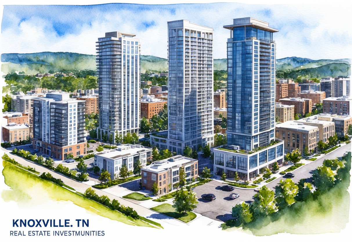 A bustling cityscape with modern high-rise buildings and residential properties in Knoxville, TN, showcasing various real estate investment opportunities