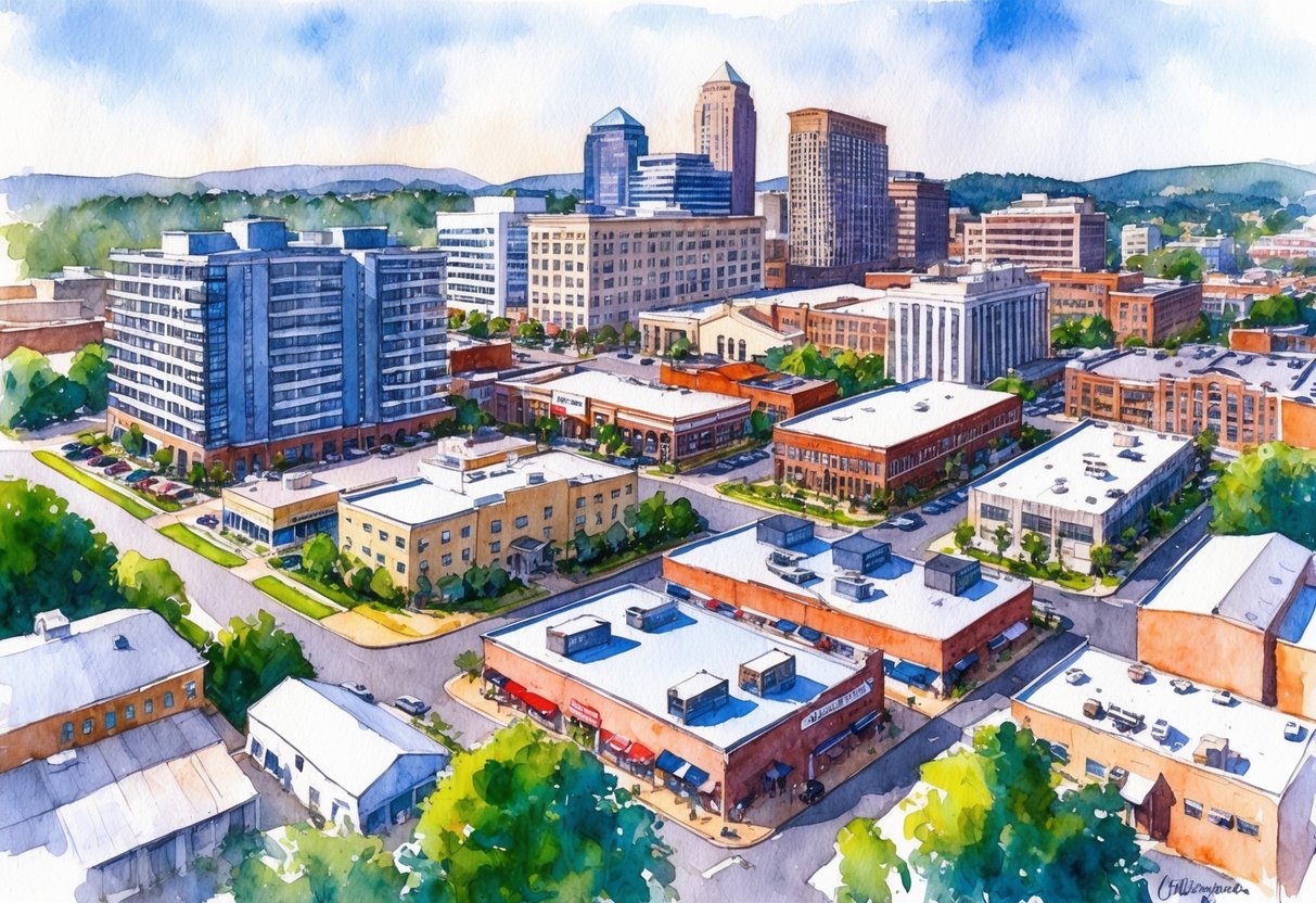 A bustling cityscape with various types of real estate properties such as residential homes, commercial buildings, and industrial spaces in Chattanooga, TN