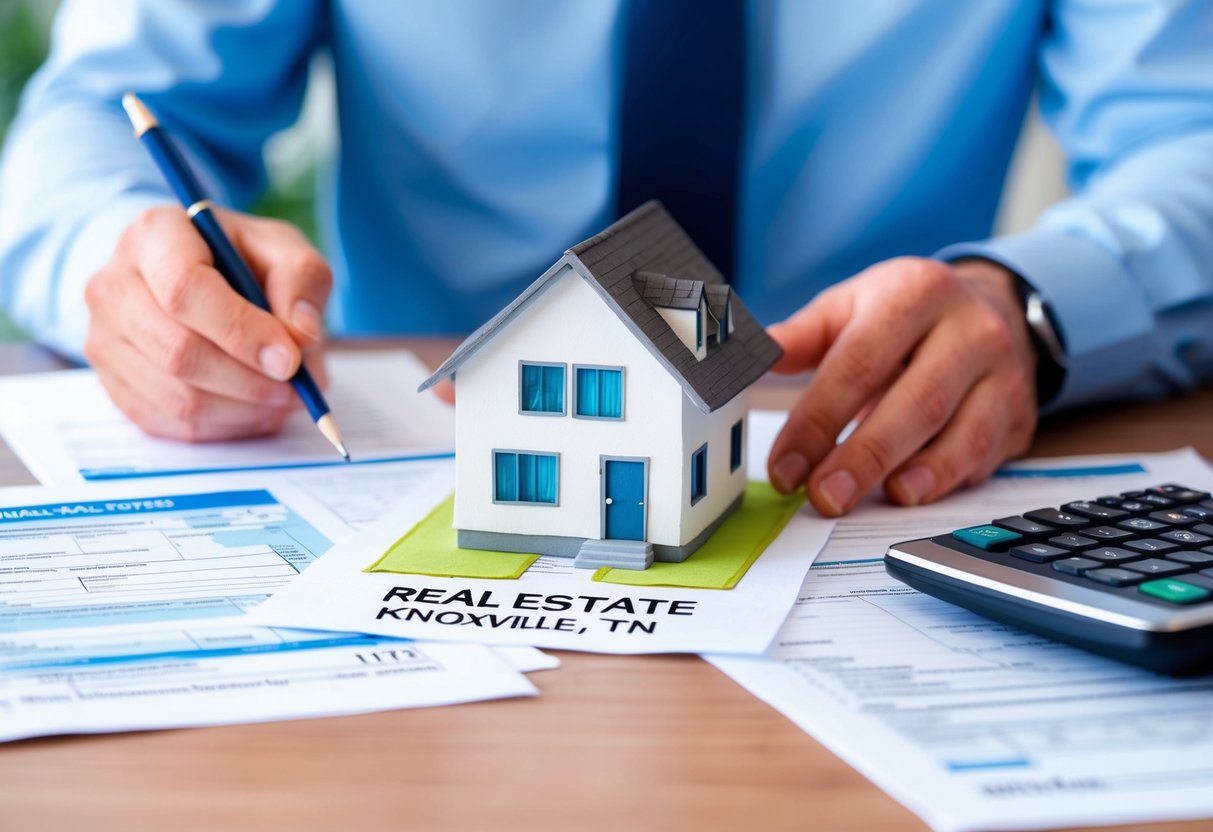 A person researching real estate options in Knoxville, TN, surrounded by financial documents and tax forms