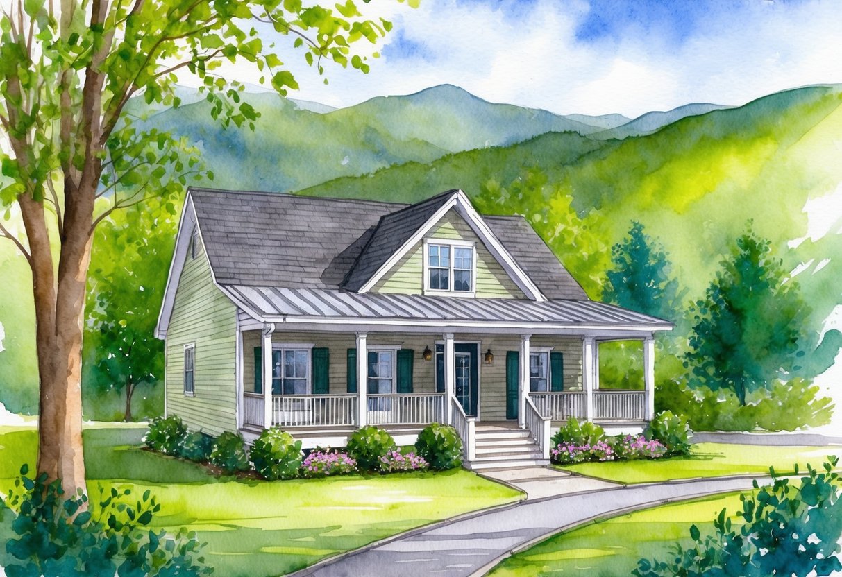 A cozy vacation rental nestled in the scenic mountains of Chattanooga, TN, with a welcoming front porch and lush green surroundings
