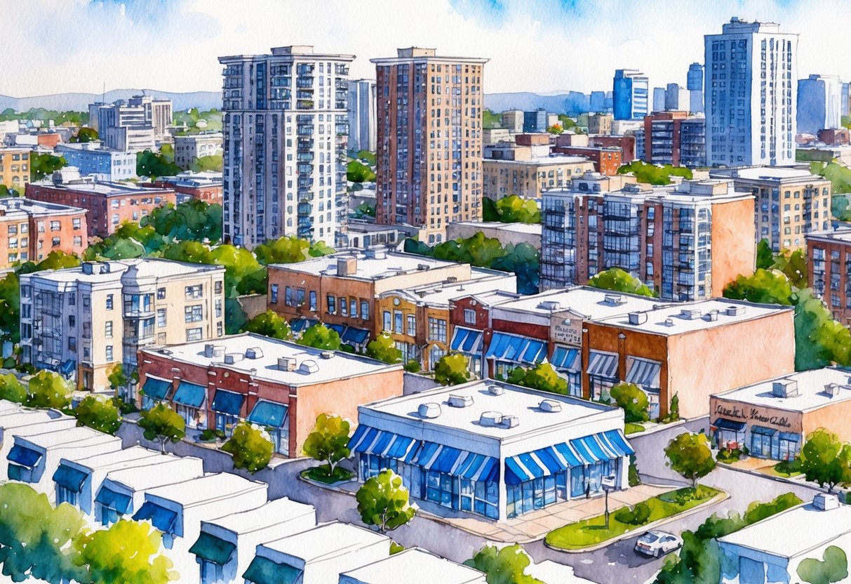A bustling cityscape with various residential and commercial properties, including apartment buildings, office spaces, and retail storefronts, all managed by property management professionals
