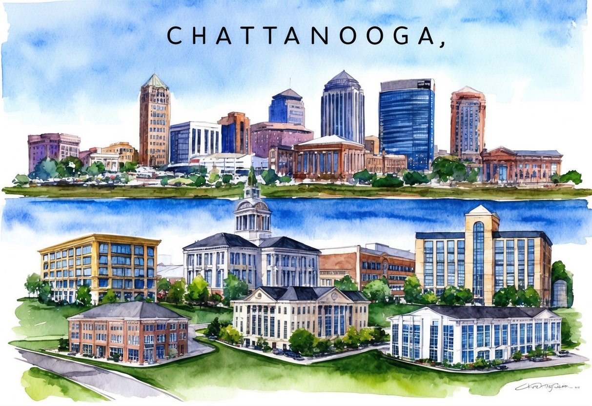 A skyline of Chattanooga, TN with iconic landmarks and real estate properties in the foreground, showcasing the city's potential for investment