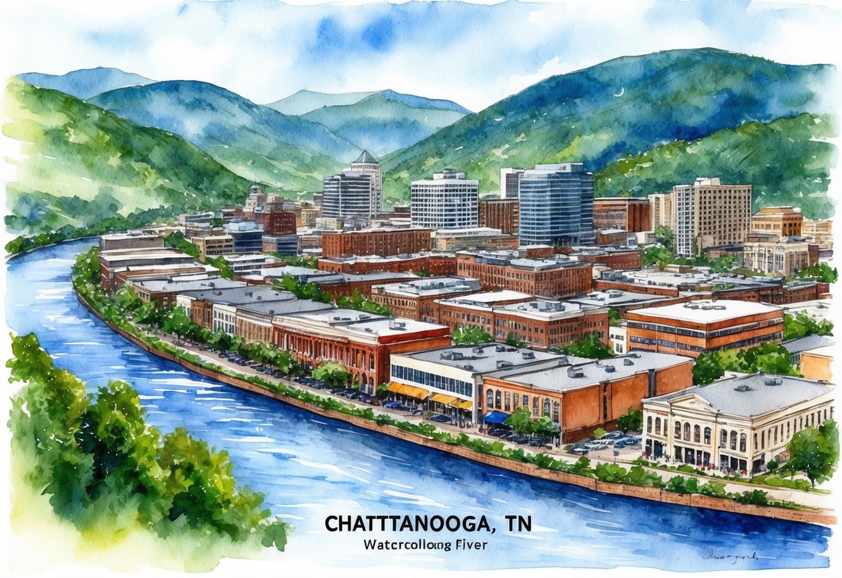 A bustling cityscape of Chattanooga, TN, with rows of residential and commercial buildings, surrounded by lush green mountains and a flowing river