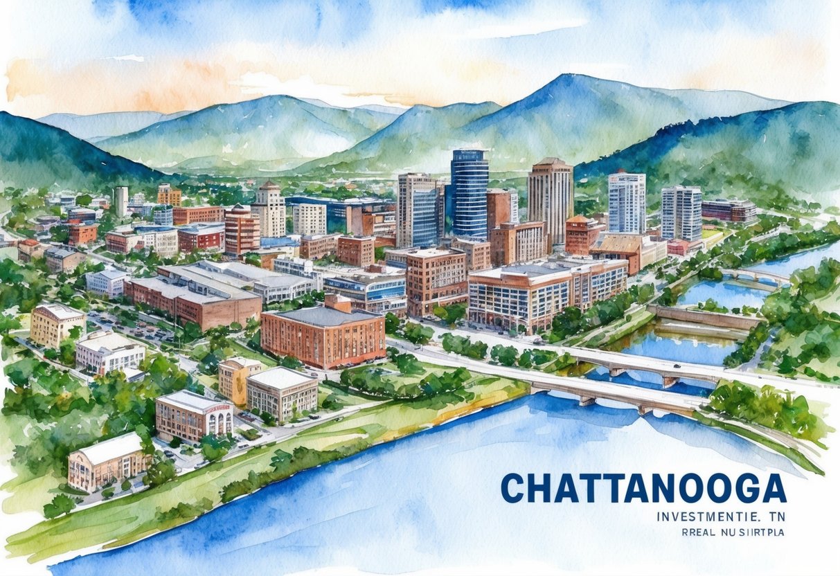 A cityscape of Chattanooga, TN with various real estate properties and investment opportunities, surrounded by mountains and a river