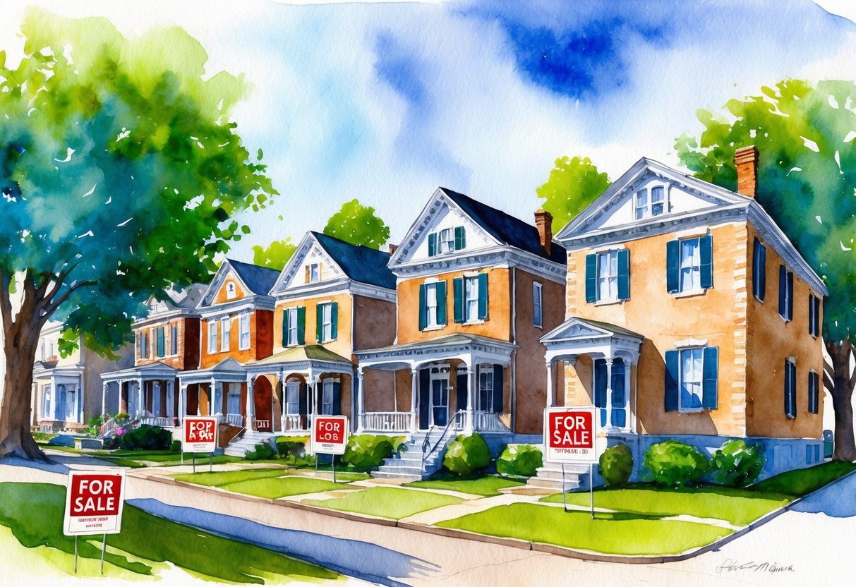A row of historic Memphis homes with "For Sale" signs in front, surrounded by lush green trees and a clear blue sky