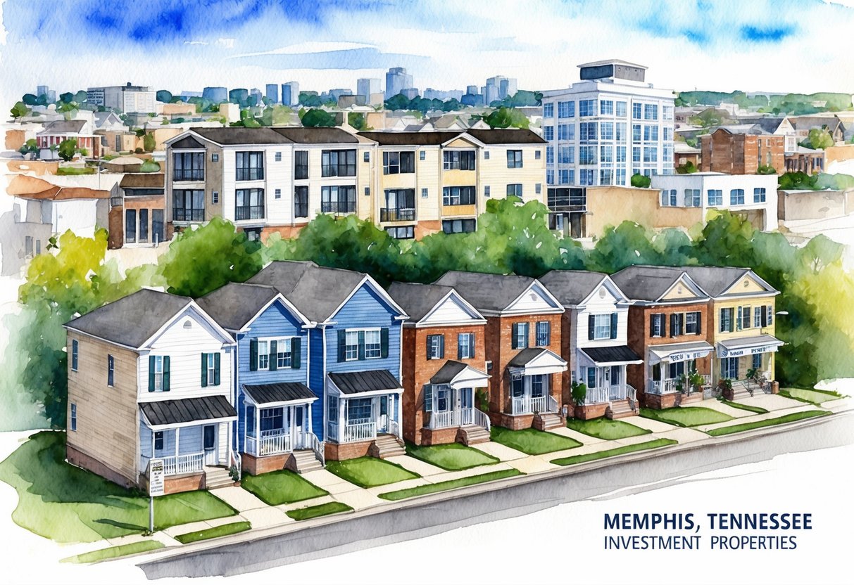 A row of diverse investment properties in Memphis, Tennessee, including single-family homes, multi-family units, and commercial buildings, set against a backdrop of urban and suburban landscapes