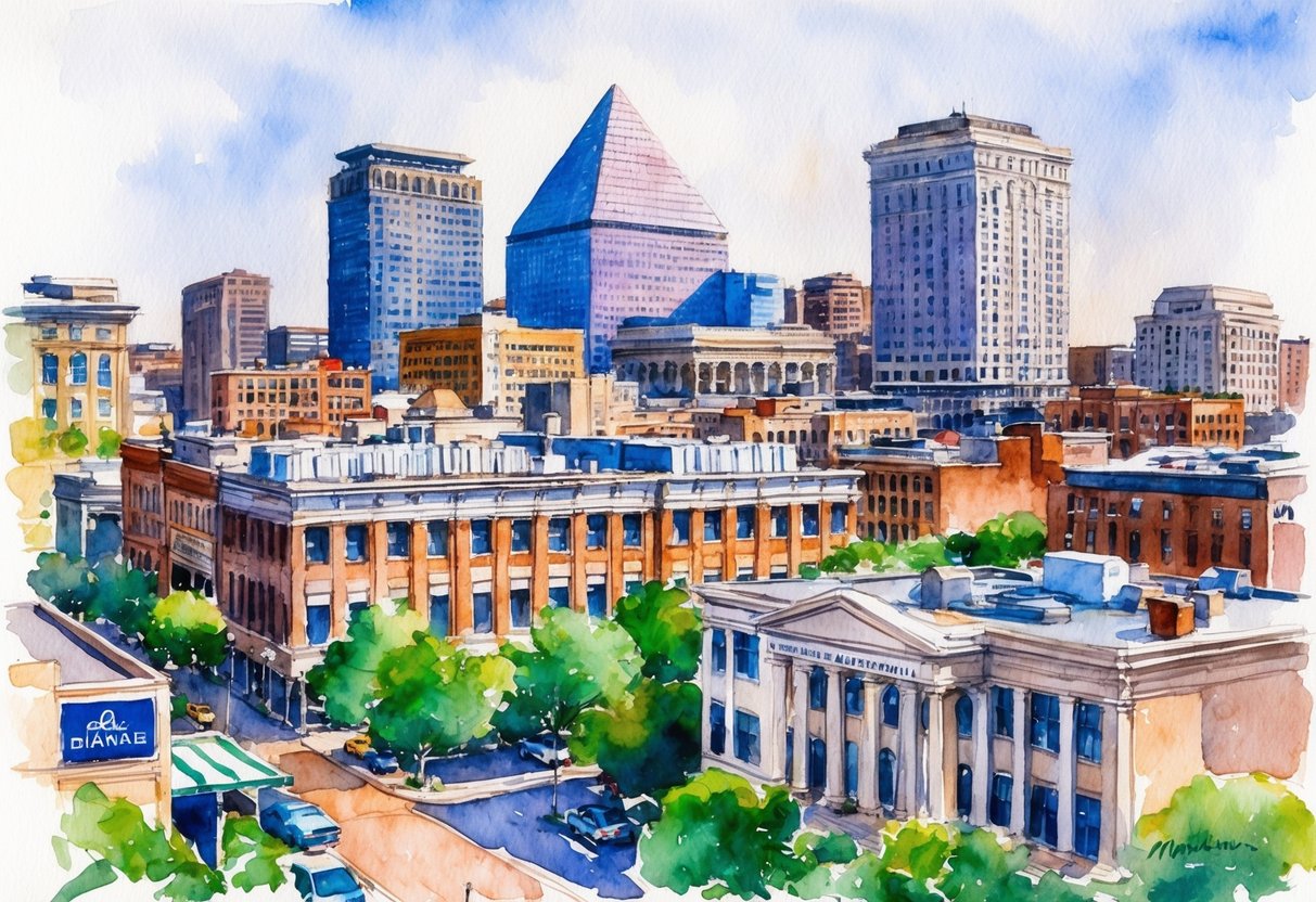 A bustling cityscape with a mix of historic and modern buildings, a busy real estate office, and a skyline dominated by the iconic Memphis pyramid