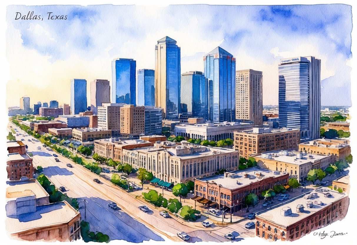A bustling cityscape in Dallas, Texas with high-rise buildings, busy streets, and a mix of residential and commercial properties