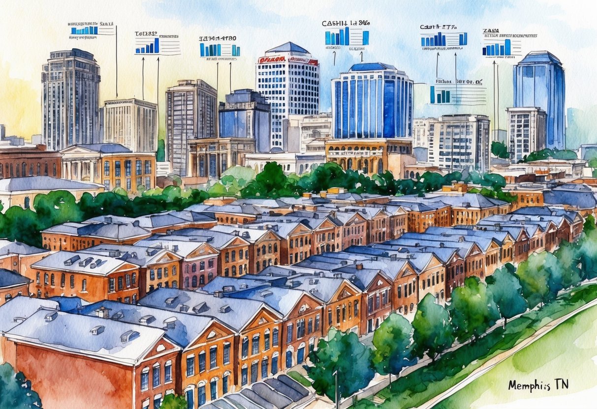 A bustling cityscape of Memphis, TN with rows of real estate properties and financial charts indicating returns and cash flow