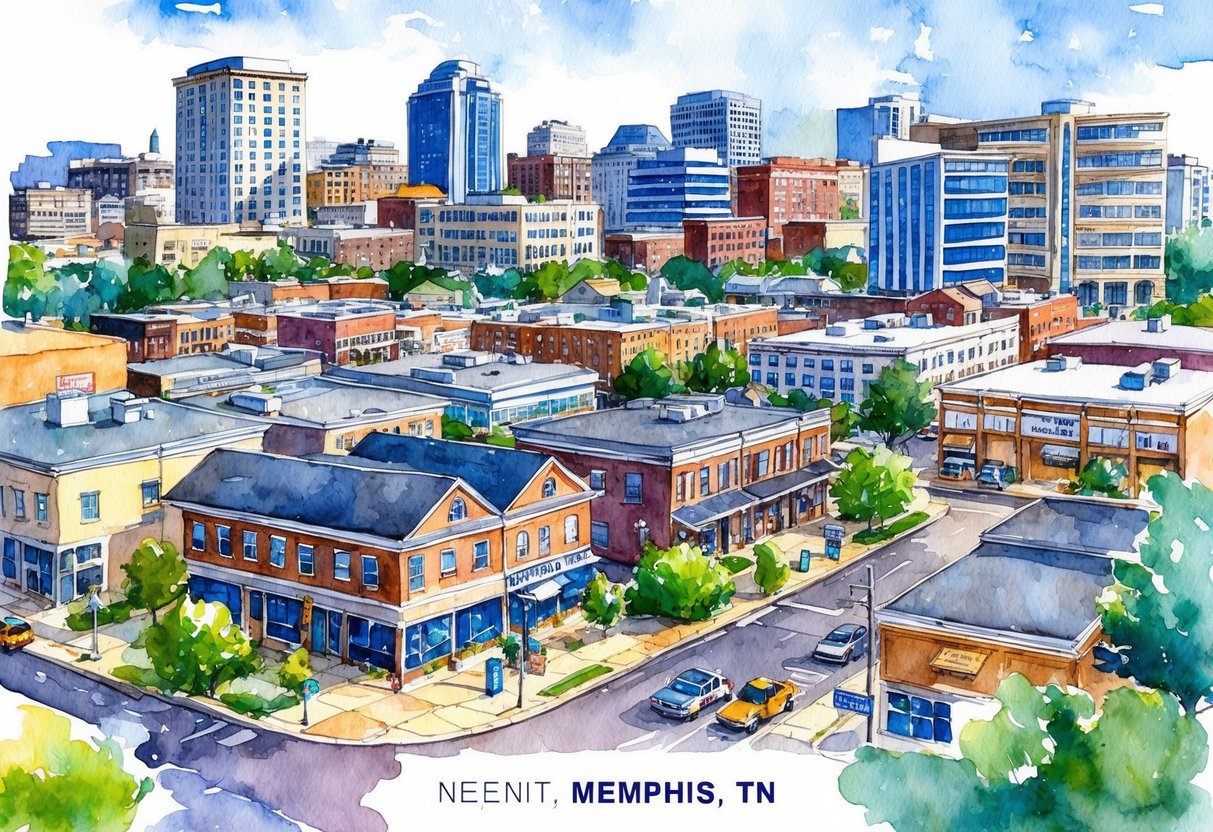 A bustling cityscape in Memphis, TN with various real estate properties, including houses, apartments, and commercial buildings. The scene is filled with activity, showcasing the diverse opportunities for real estate investing