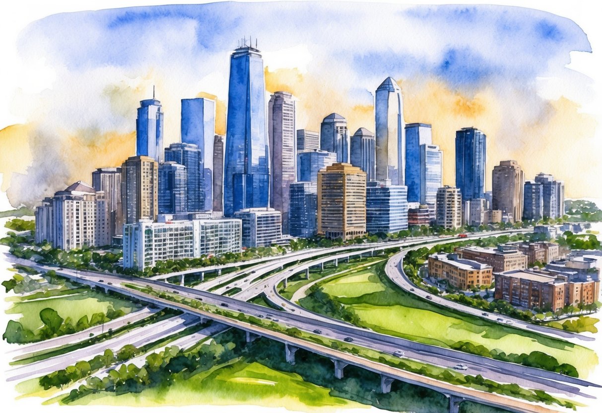 A bustling city skyline with modern skyscrapers and a mix of residential and commercial buildings, surrounded by highways and green spaces