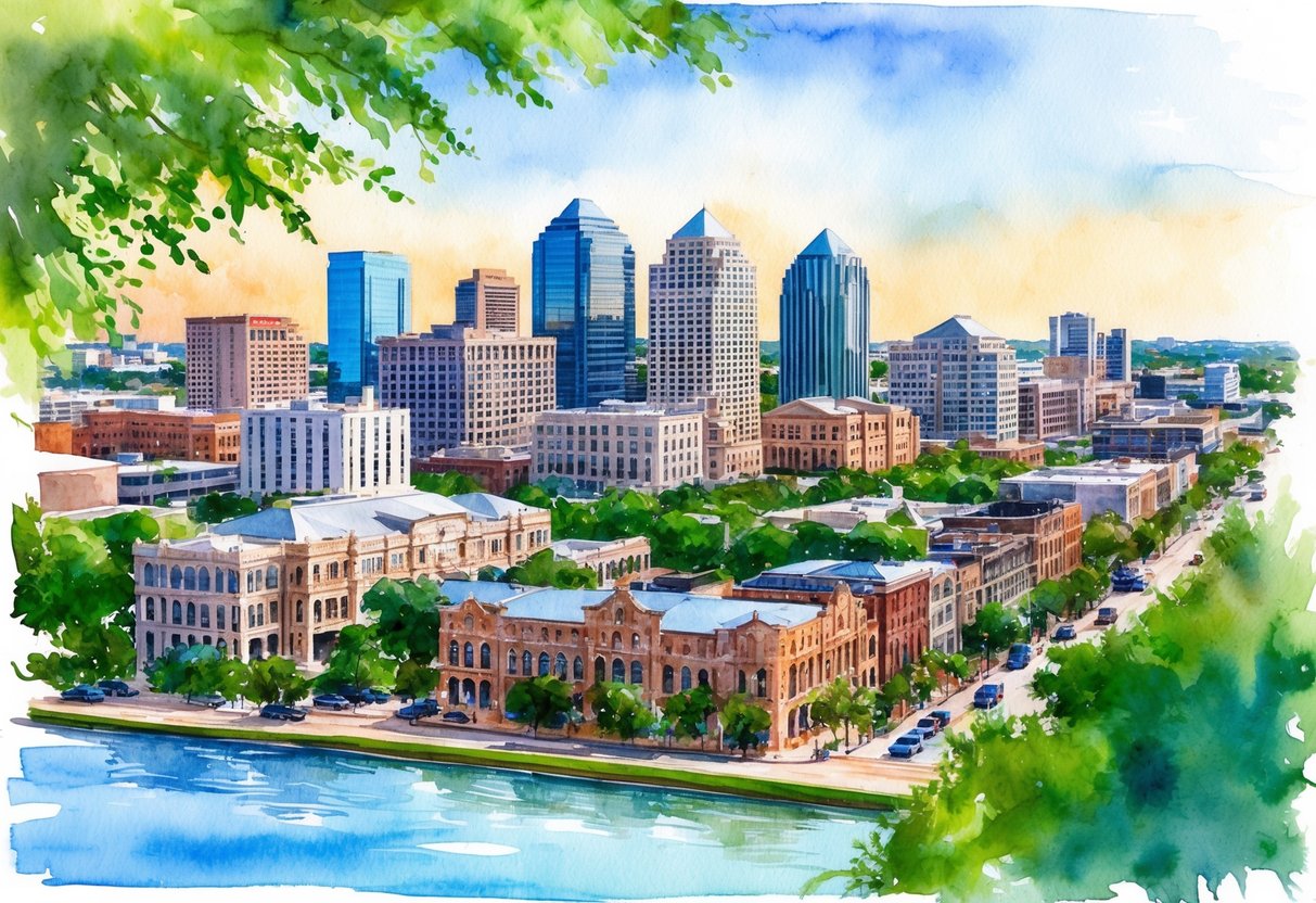A bustling cityscape in Austin, TX with a mix of modern and historic buildings, surrounded by lush greenery and a vibrant real estate market