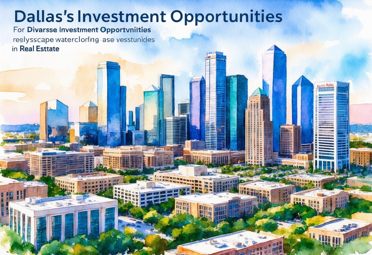 A bustling cityscape in Dallas, Texas with modern skyscrapers and residential buildings, showcasing the diverse investment opportunities in real estate