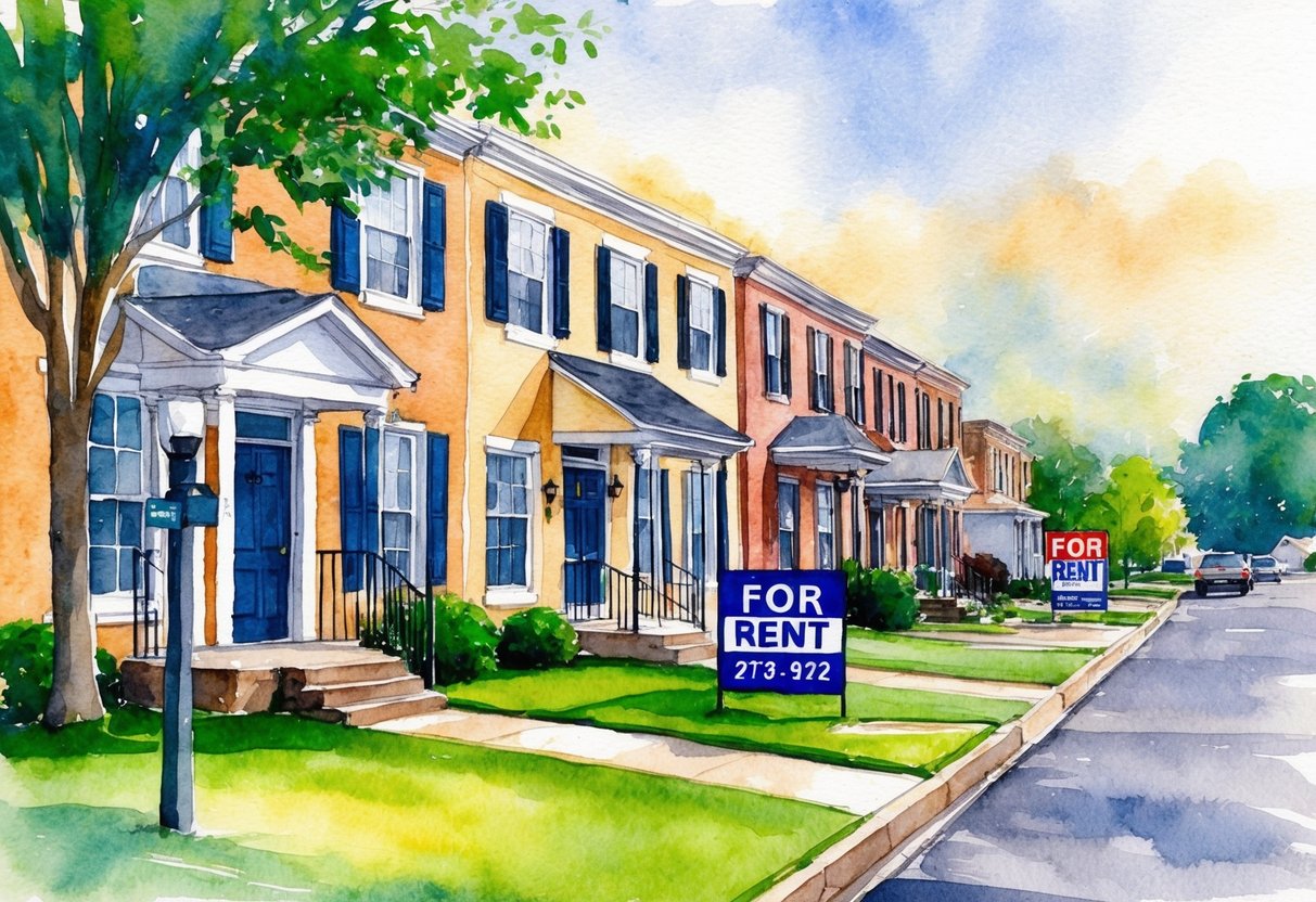 A row of well-maintained investment properties in Memphis, TN, with "For Rent" signs and a property management office nearby