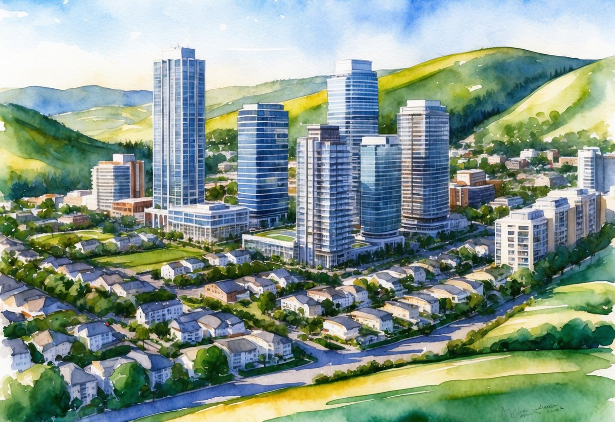 A bustling cityscape with modern high-rise buildings and suburban neighborhoods, surrounded by rolling hills and lush greenery