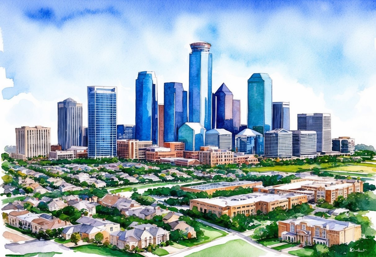 A skyline of Dallas, Texas with a mix of modern skyscrapers and traditional buildings, surrounded by suburban neighborhoods and green spaces
