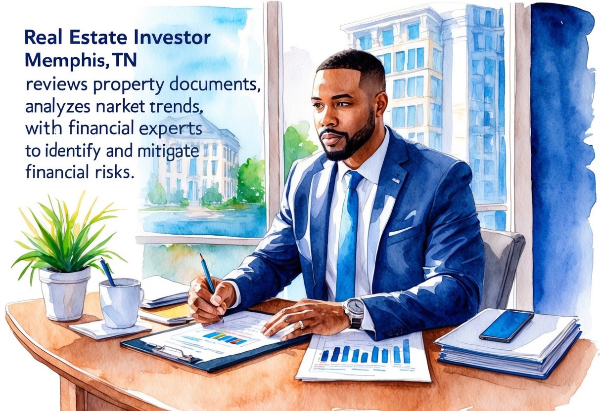 A real estate investor in Memphis, TN reviews property documents, analyzes market trends, and consults with financial experts to identify and mitigate financial risks