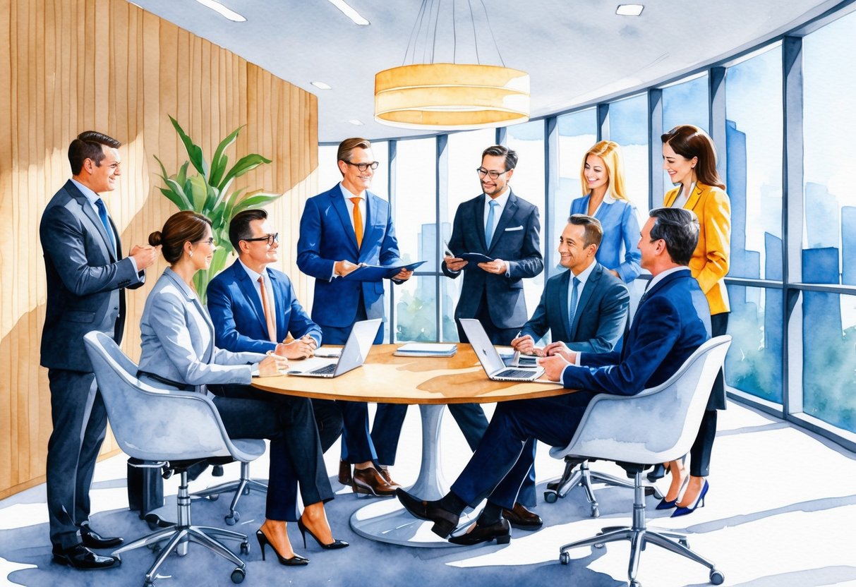 A group of investors meeting with lawyers and financial advisors in a modern office in Dallas, TX to discuss real estate investments