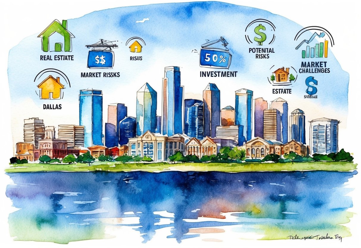 A bustling Dallas skyline with various real estate properties and investment symbols, surrounded by potential market risks and challenges