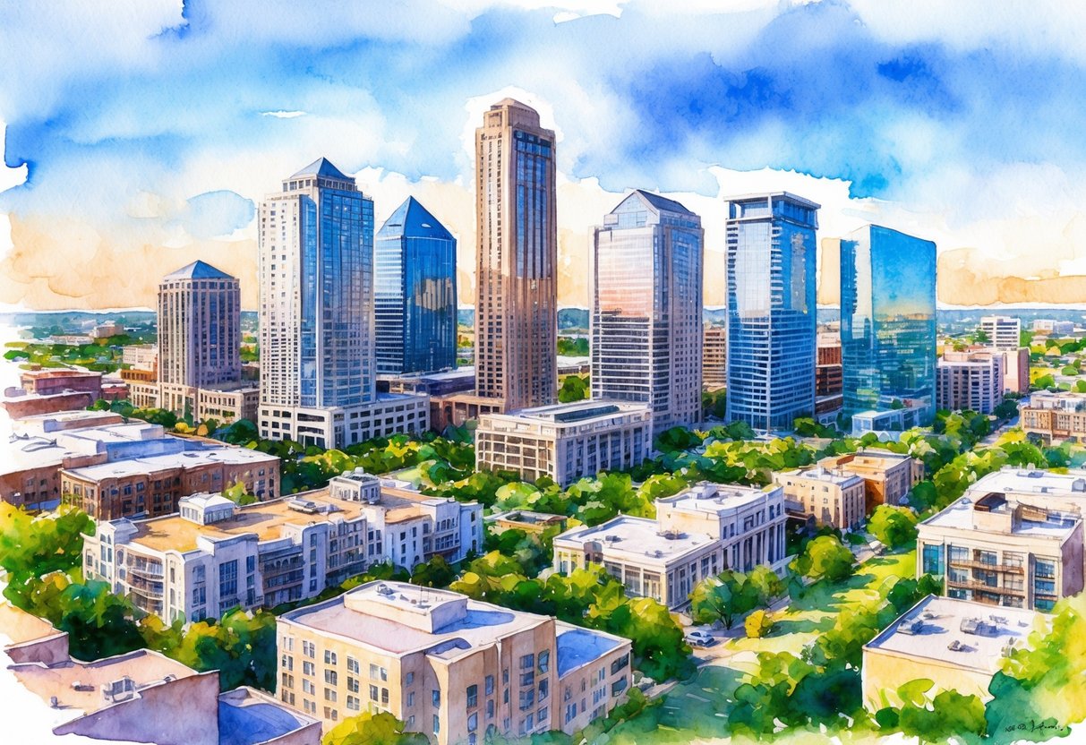 A bustling cityscape in Austin, Texas, with modern skyscrapers and residential buildings, surrounded by lush greenery and a vibrant real estate market