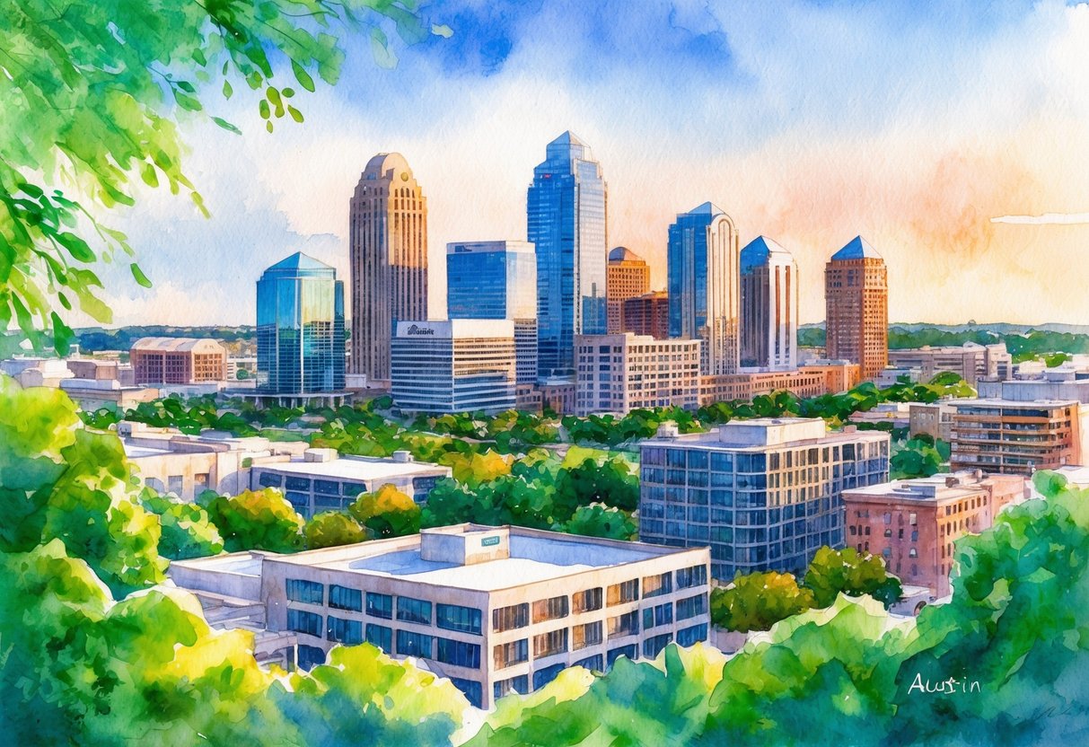 A modern skyline of Austin, Texas with various real estate properties and investment buildings, surrounded by lush greenery and a vibrant city atmosphere