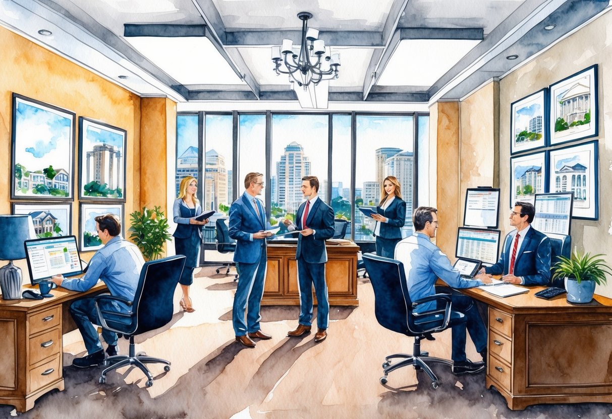 A bustling real estate office in Austin, Texas, with agents discussing properties and investors reviewing listings
