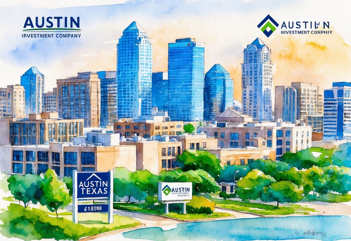 A bustling cityscape with modern buildings and residential properties in Austin, Texas. Real estate signs and investment company logos are prominent
