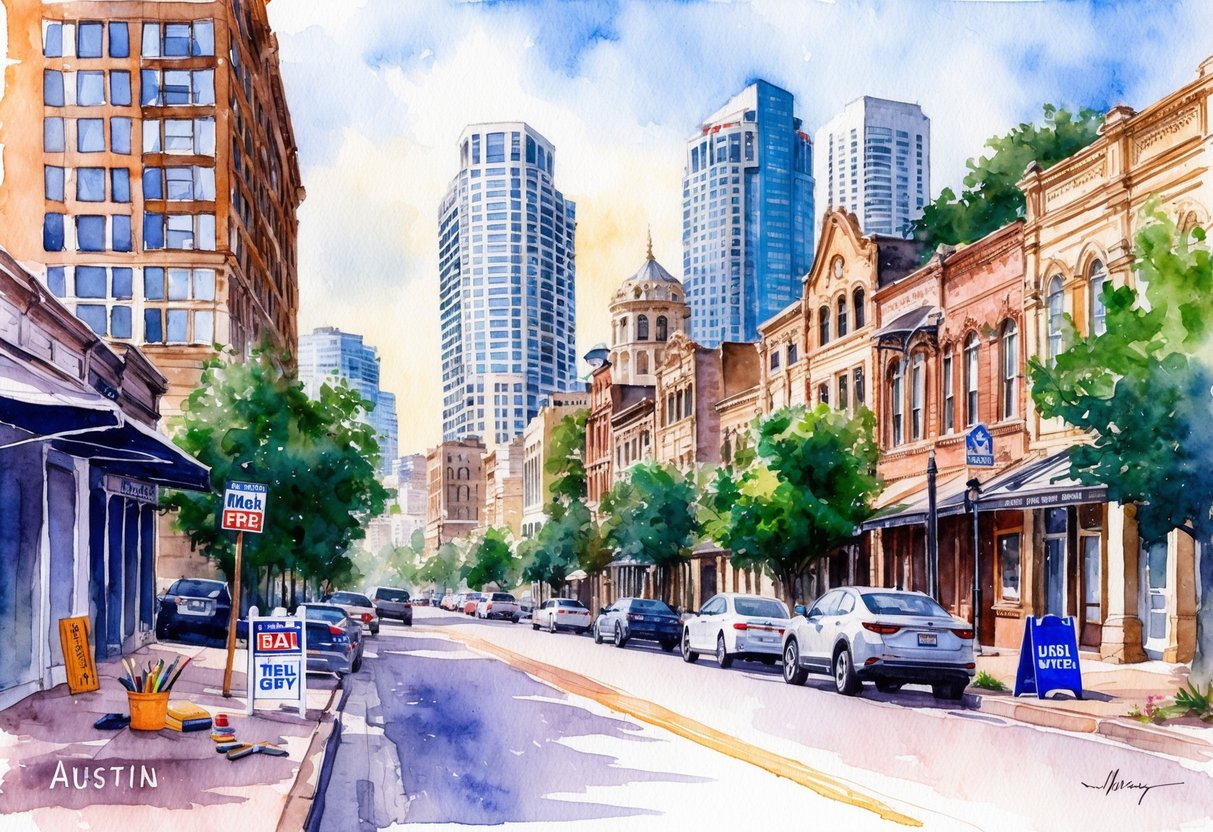 A bustling city street in Austin, Texas featuring a mix of modern high-rise buildings and historic homes, with real estate signs and tools scattered throughout