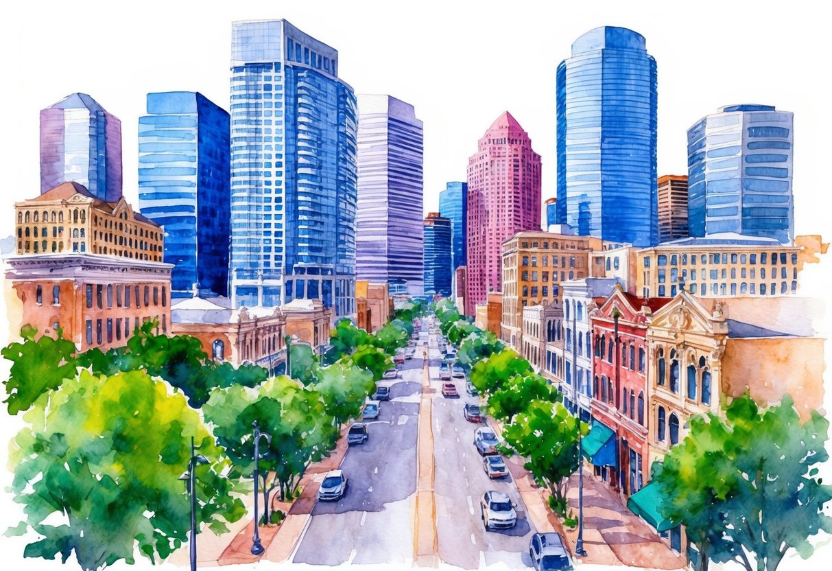 A bustling city street in Houston, Texas with a mix of modern skyscrapers and historic buildings, surrounded by green spaces and vibrant neighborhoods