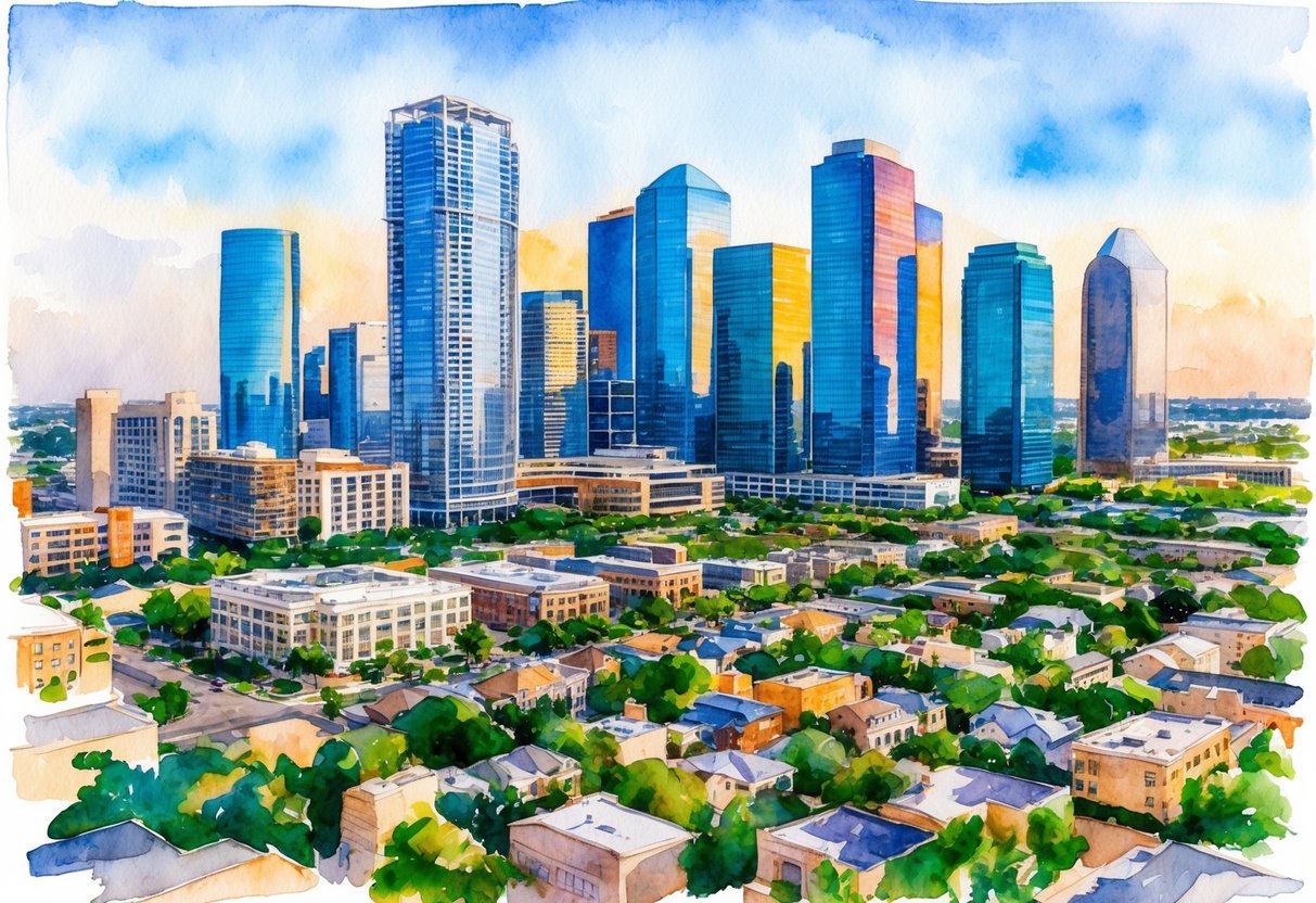 A bustling cityscape with modern skyscrapers and residential neighborhoods, showcasing the diverse and dynamic real estate market in Houston, Texas
