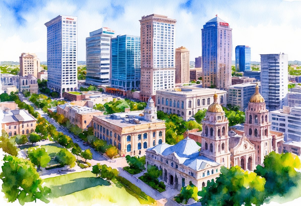 A bustling cityscape in San Antonio, Texas with modern high-rise buildings and historic landmarks, surrounded by lush greenery and a vibrant real estate market