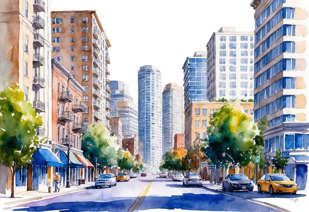 A bustling city street with a mix of residential and commercial properties, including high-rise apartments, single-family homes, and office buildings