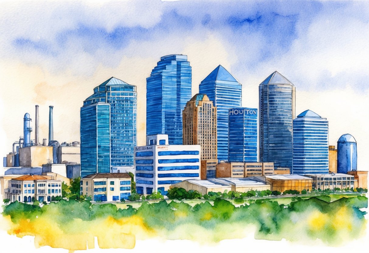 A city skyline with various types of real estate properties, including residential buildings, commercial spaces, and industrial facilities, set against the backdrop of Houston, Texas