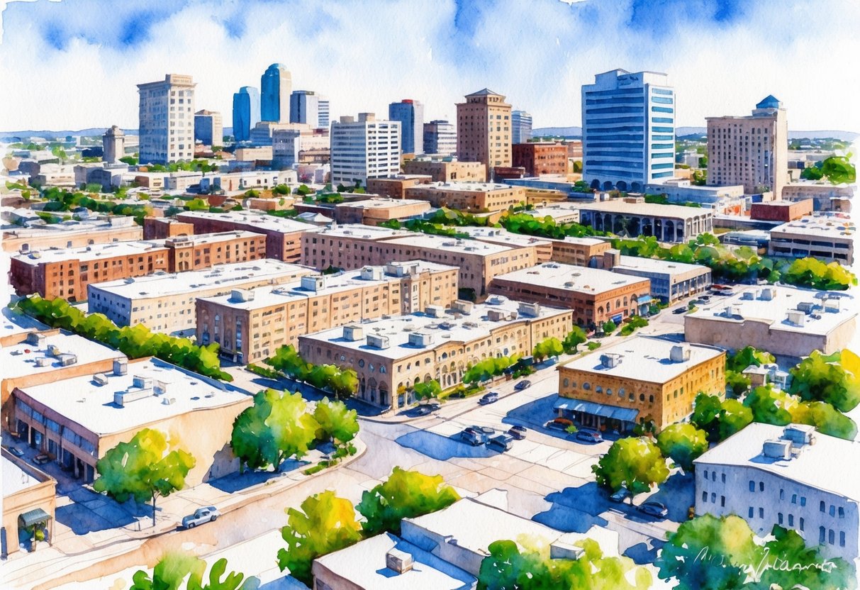 A bustling cityscape in San Antonio, Texas, with a mix of residential, commercial, and industrial properties, showcasing various real estate investment opportunities