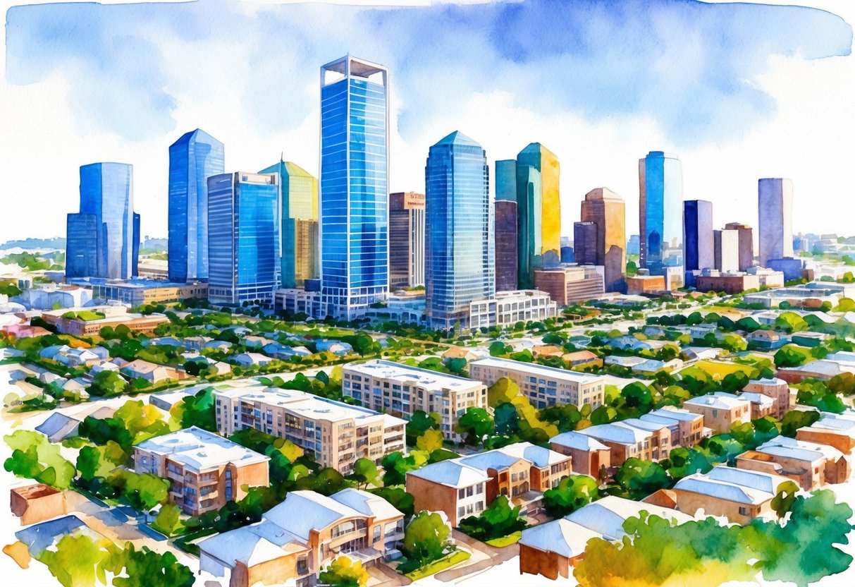 A bustling cityscape with modern skyscrapers and residential neighborhoods, showcasing the diverse real estate market in Houston, Texas