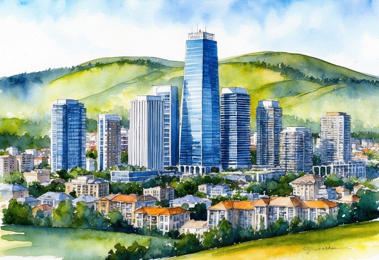 A bustling cityscape with modern skyscrapers and residential buildings, set against a backdrop of rolling hills and lush greenery