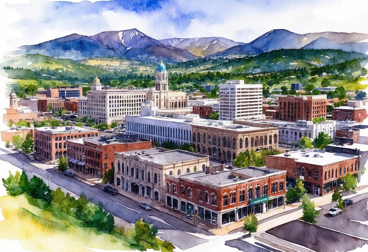 A panoramic view of downtown Ogden, Utah, with a mix of historic and modern buildings, surrounded by scenic mountains and greenery