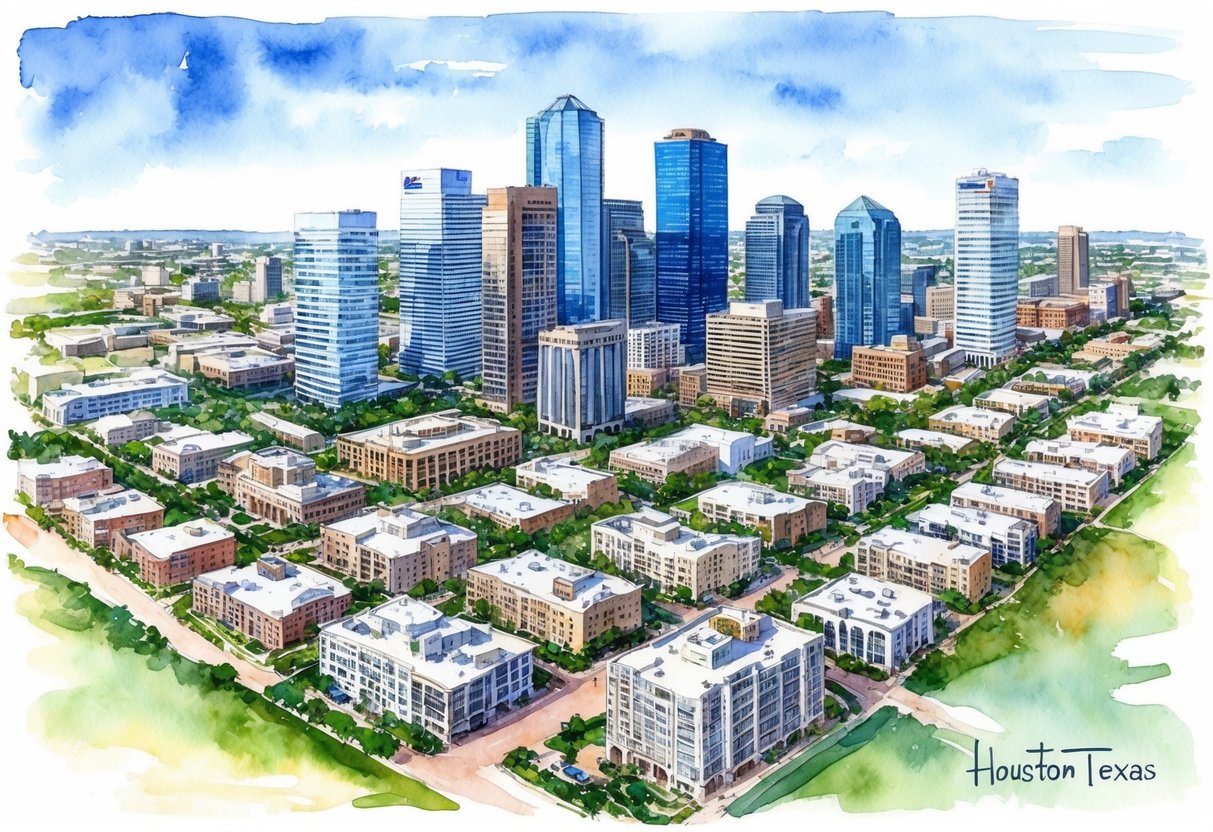 A sprawling cityscape of Houston, Texas with various real estate properties and investment opportunities, surrounded by signs of economic growth and development