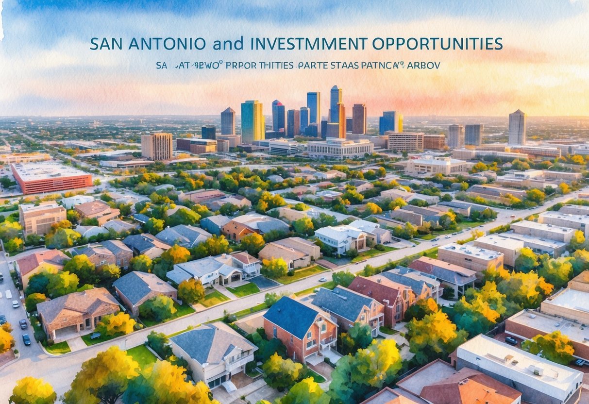 An aerial view of San Antonio, Texas with various real estate properties and investment opportunities highlighted
