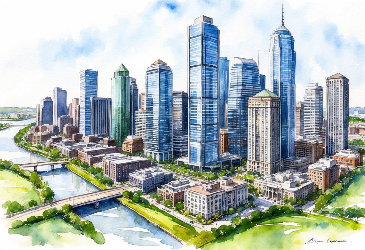 A bustling city skyline with modern skyscrapers and a mix of residential and commercial buildings, surrounded by green spaces and waterways