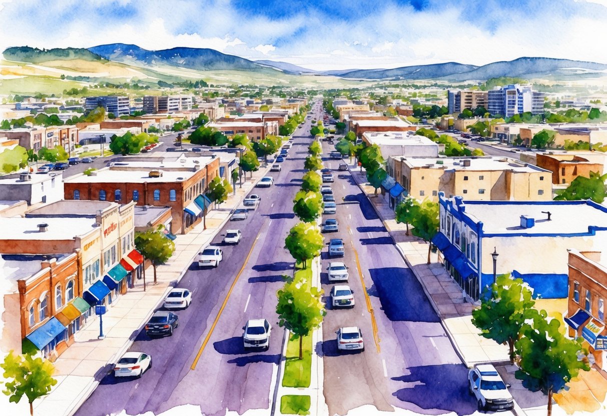 A bustling street in Ogden, Utah, lined with various real estate properties including residential homes, commercial buildings, and vacant land for potential investment