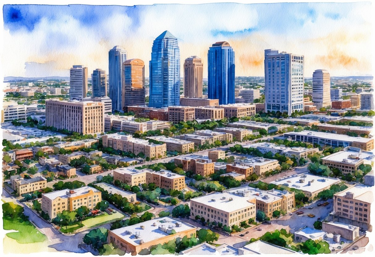 A bustling cityscape with skyscrapers, residential neighborhoods, and commercial properties in San Antonio, Texas. The scene depicts a thriving real estate market influenced by economic factors
