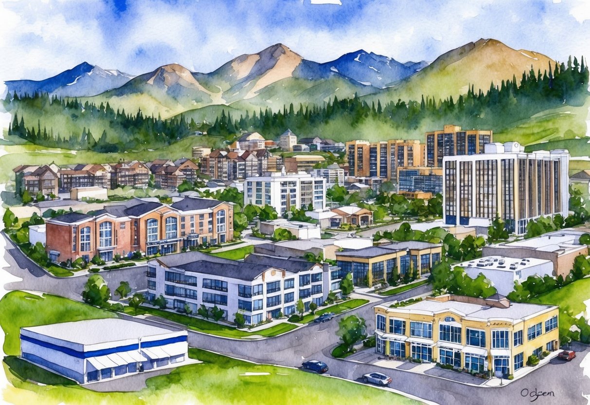 A picturesque view of Ogden, Utah with various real estate properties including houses, apartments, and commercial buildings surrounded by mountains and greenery