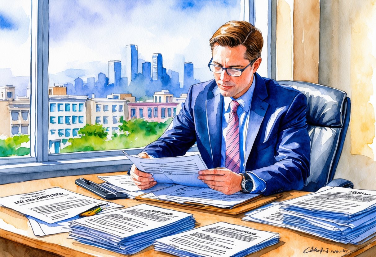 A real estate investor reviewing legal documents in an office in Ogden, Utah. The desk is cluttered with paperwork, and a city skyline is visible through the window